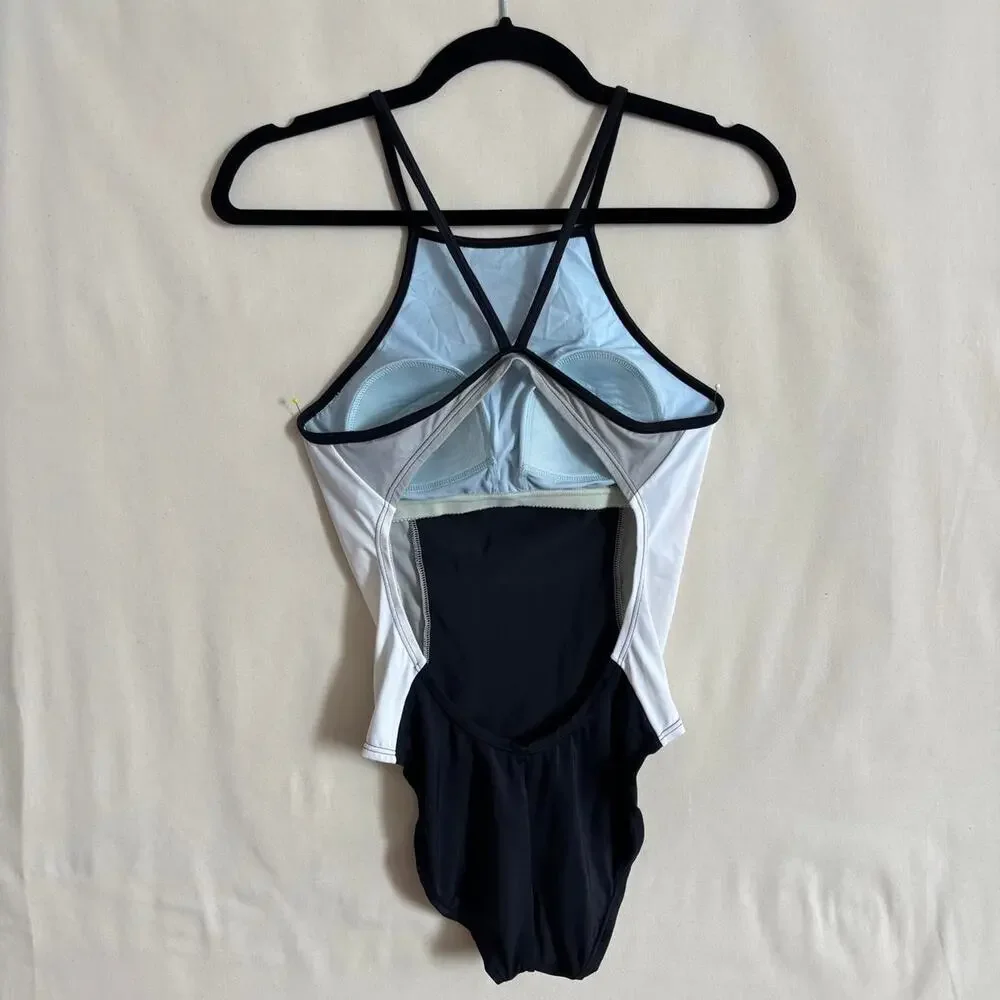 Vintage Nike black & white color block swimsuit with gold swoosh, size 6